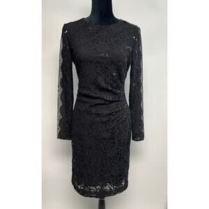 RALPH LAUREN Lace Sequined Black Slimming Dress Ruched Waist Sz 8 Sheer Sleeve